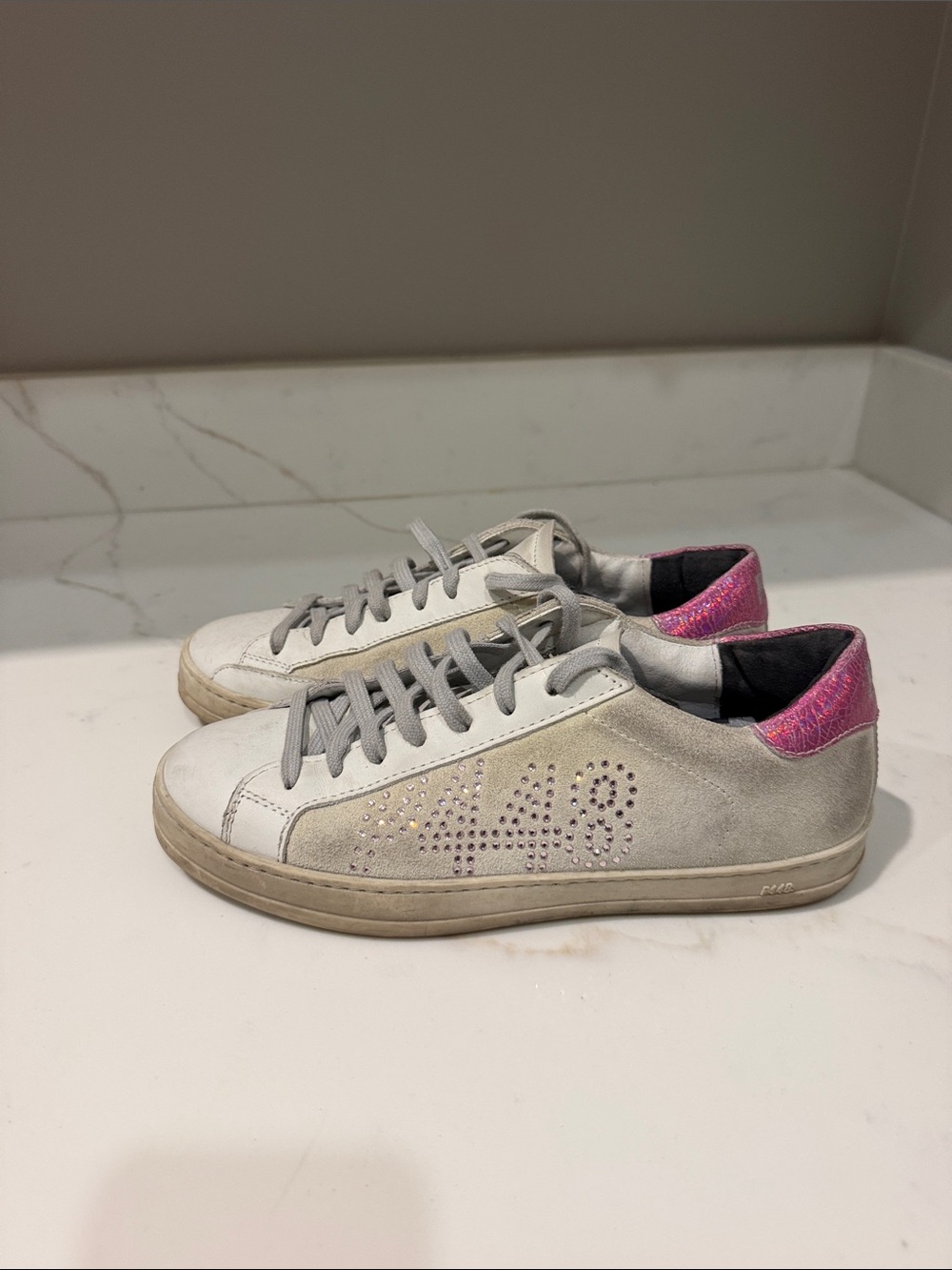 P448 Suede Low-Top Sneakers in Gray with Pink Heel